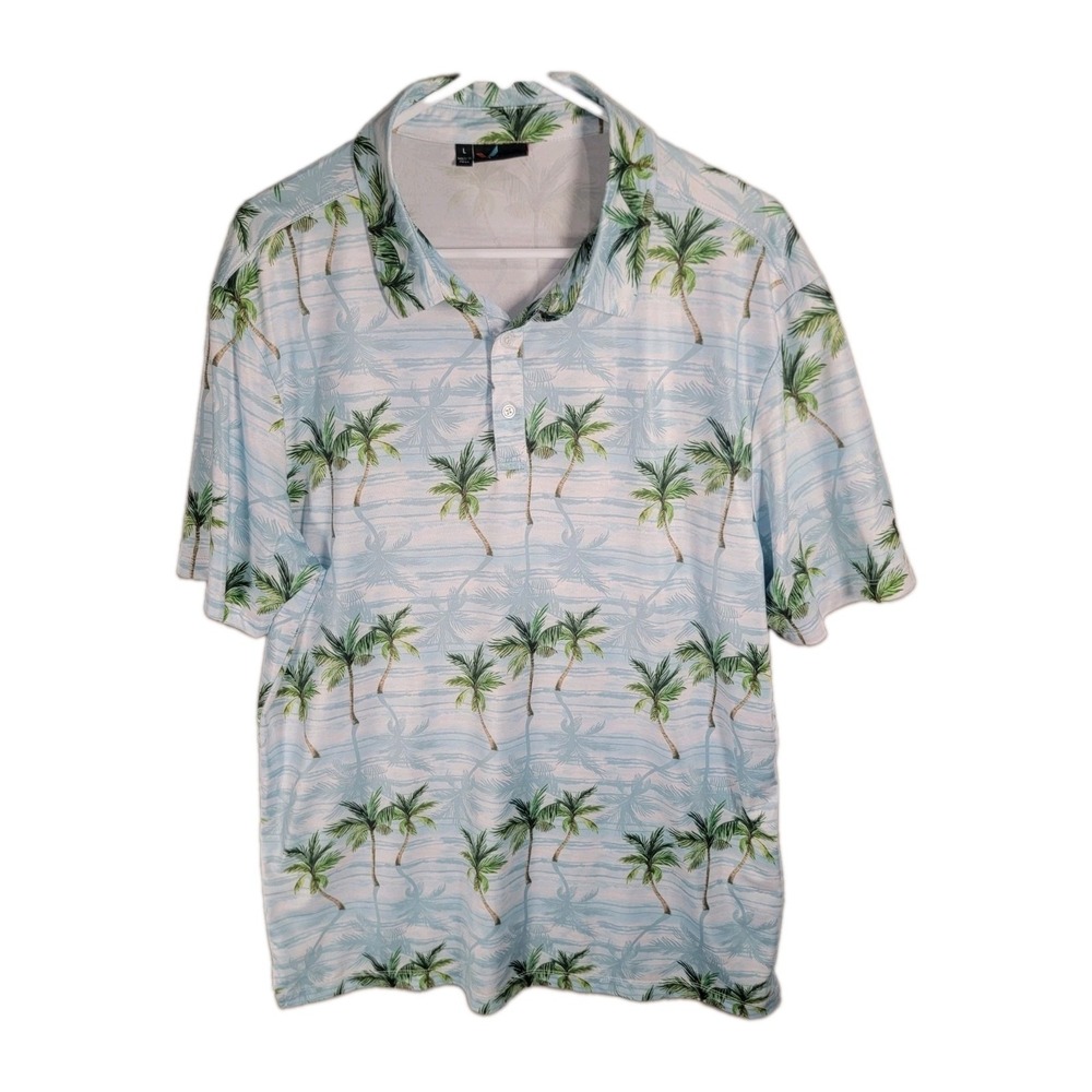 Yatta Golf Shirt Mens Large Blue Palm Tree Tropical Stretch Performance Polo